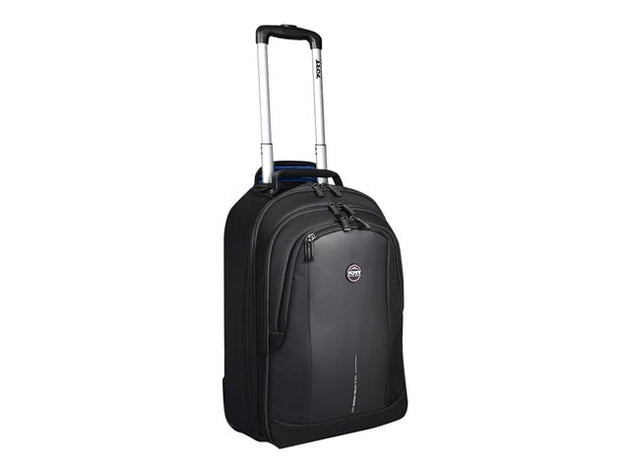 A black Port Chicago Evo laptop backpack with a telescopic handle and a large front pocket, designed to convert into a trolley.