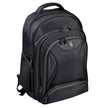 A black Port Manhattan backpack with multiple compartments, including a laptop compartment, a tablet compartment, and dedicated compartments for storing documents and a laptop charger. The backpack features padded shoulder straps and a logo on the front.
