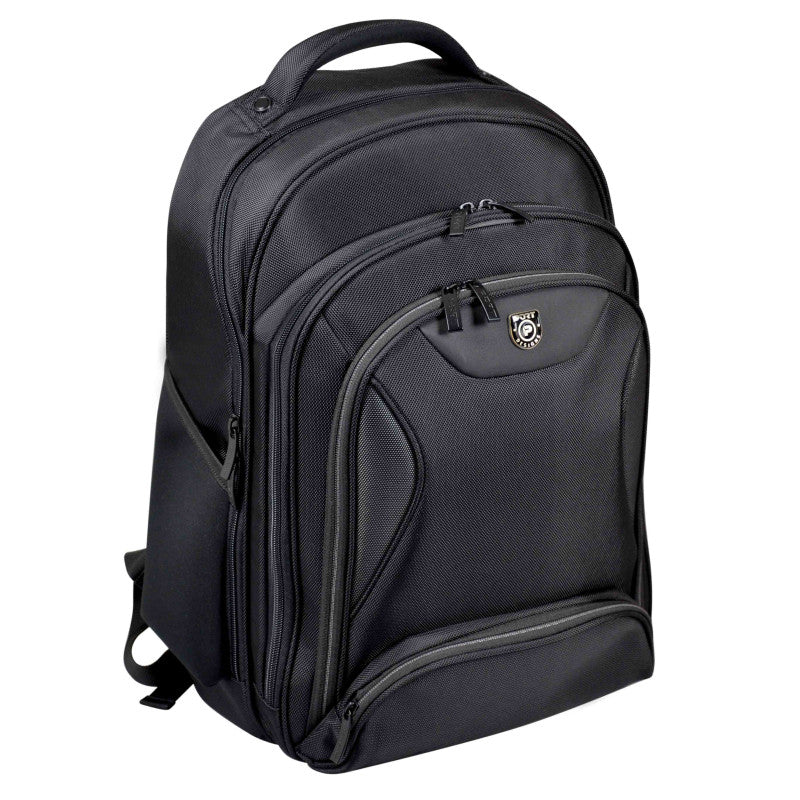 A black Port Manhattan backpack with multiple compartments, including a laptop compartment, a tablet compartment, and dedicated compartments for storing documents and a laptop charger. The backpack features padded shoulder straps and a logo on the front.