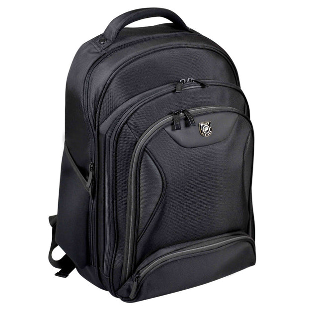 A black Port Manhattan backpack with multiple compartments, including a laptop compartment, a tablet compartment, and dedicated compartments for storing documents and a laptop charger. The backpack features padded shoulder straps and a logo on the front.