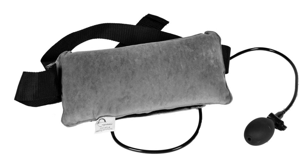 A portable inflatable lumbar support with a soft  cover and an adjustable strap, in black colour.