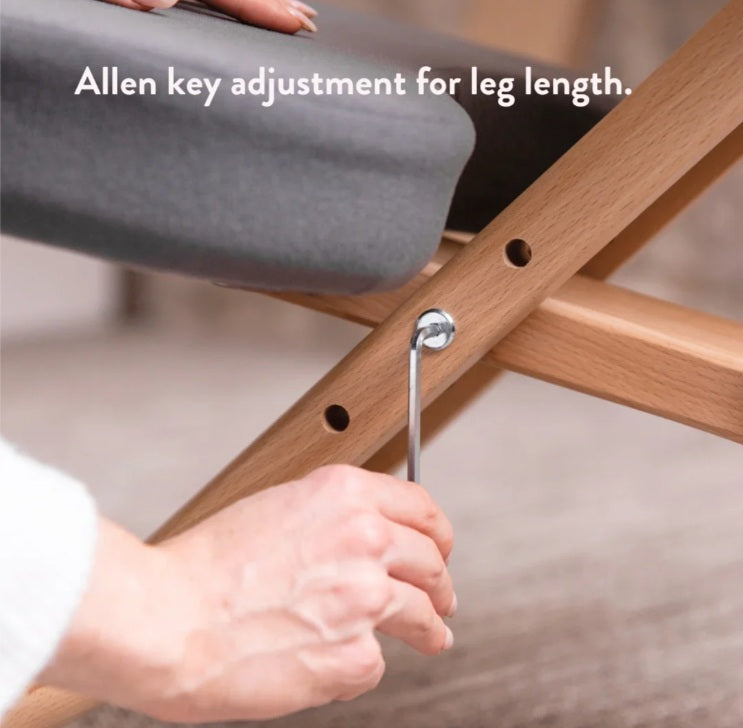 Person adjusting a chair leg with an Allen key, text 'Allen key adjustment for leg length'.