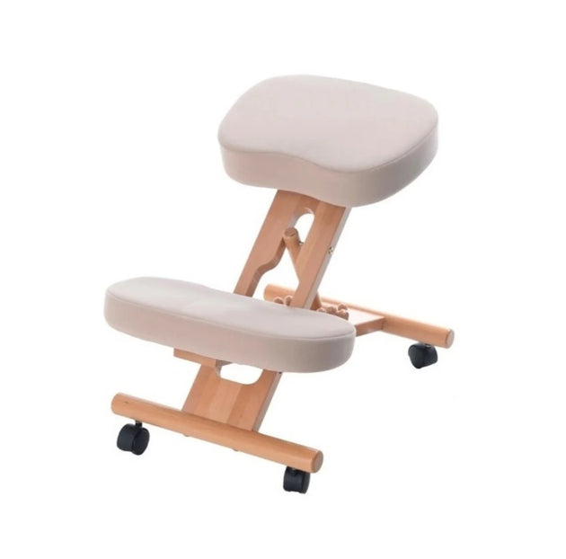 Kneeling chair with beige cushioned seat and wooden frame on a white background