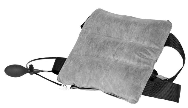 A  lumbar support cushion with an adjustable strap and a rubber pump-up insert, designed for back support.