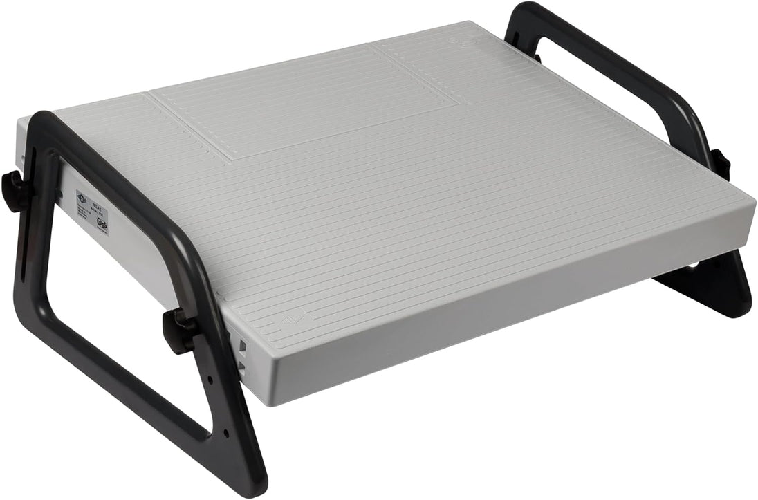 A gray footrest with a removable cover and a small compartment, overall adjustable in height and inclination.