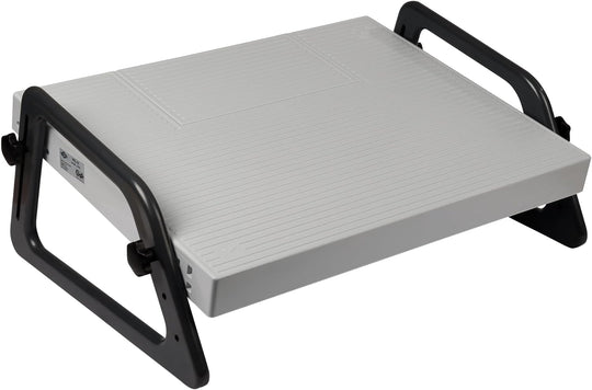 A gray footrest with a removable cover and a small compartment, overall adjustable in height and inclination.