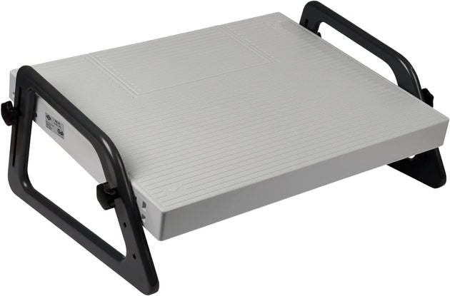 A gray footrest with a removable cover and a small compartment, overall adjustable in height and inclination.