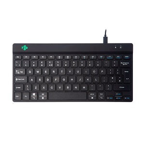 black compact keyboard with white lettering. Visible rgo logo