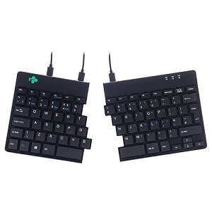 black compact split keyboard with connection wires between the two halves