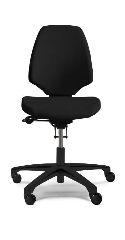 A black office chair with a backrest and a five-point adjustable base.