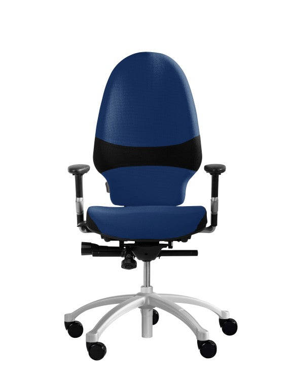 blue and black ergonomic chair with armrests and silver polished aluminium base
