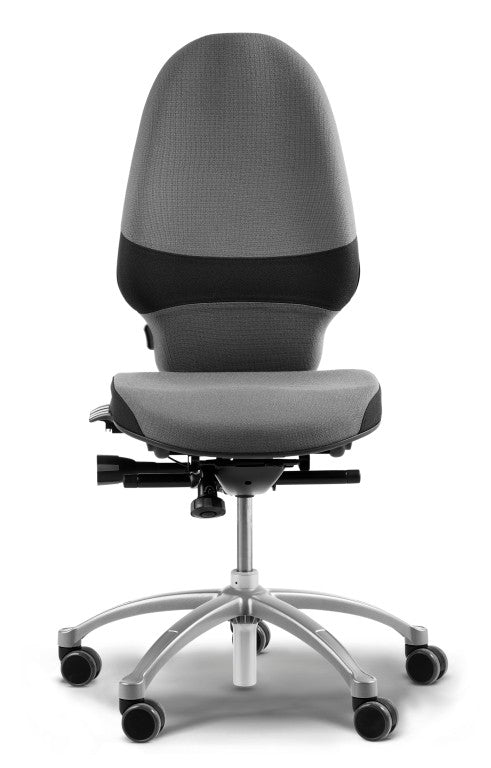 grey and black ergonomic chair with silver 5 point base
