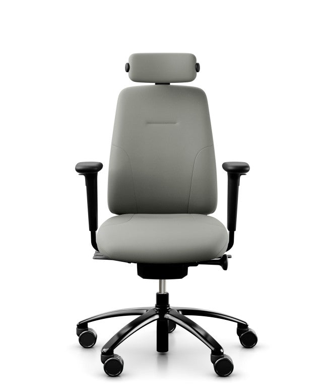 light grey ergonomic chair with armrests, headrest and black aluminium base