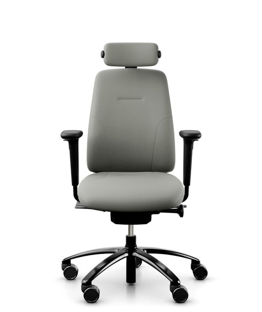 light grey ergonomic chair with armrests, headrest and black aluminium base