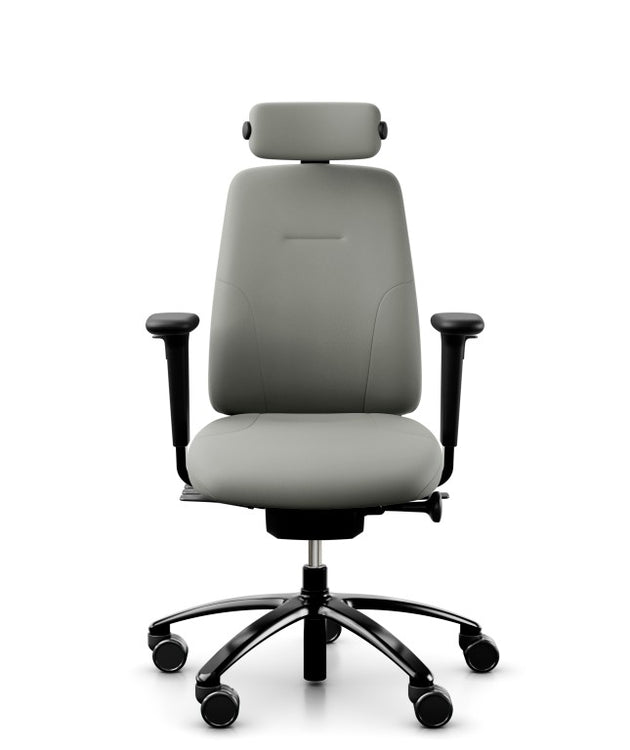 light grey ergonomic chair with armrests, headrest and black aluminium base
