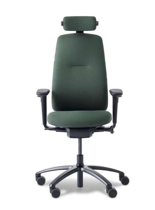 rh logic 220 high back ergonomic chair in dark green, black armrests and black aluminium 5 point base