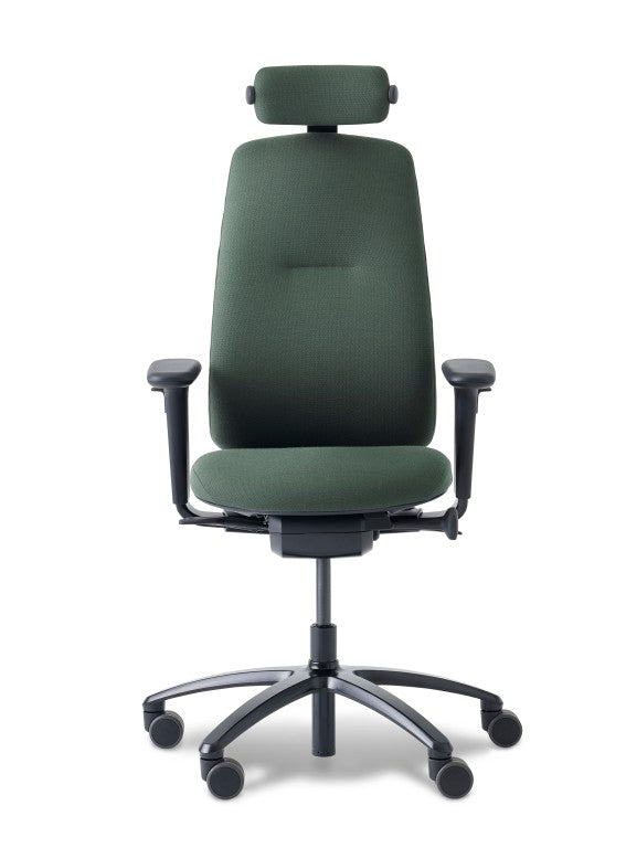 rh logic 220 high back ergonomic chair in dark green, black armrests and black aluminium 5 point base