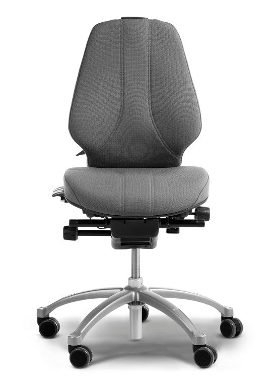 Grey office chair with adjustable features on a white background