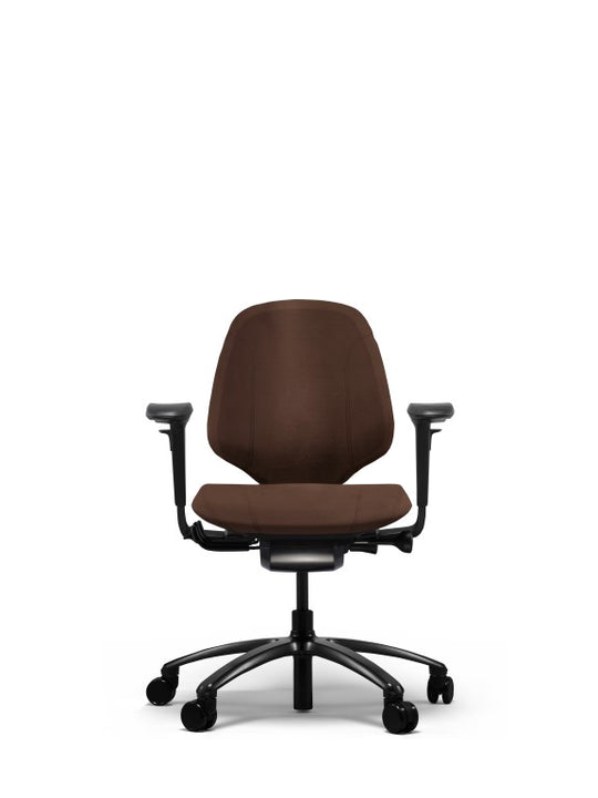 brown mereo chair with armrests and 5 point base in black