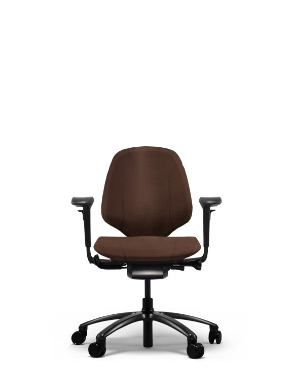 brown mereo chair with armrests and 5 point base in black