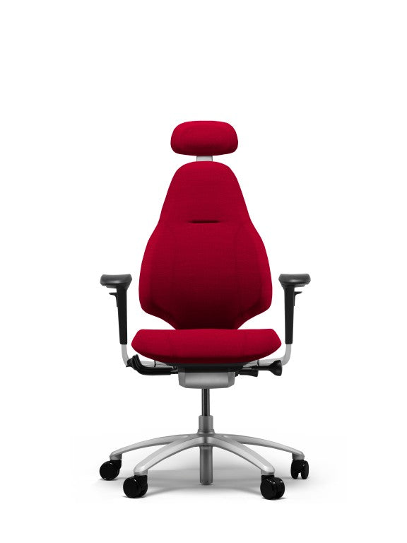 red mereo chair with black armrests, headrest and silver aluminium base