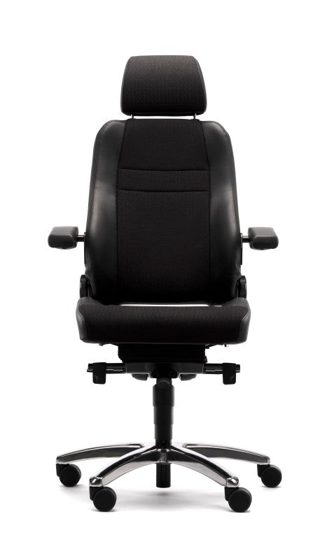 front view of rh secur 24 chair in black with polished aluminium base