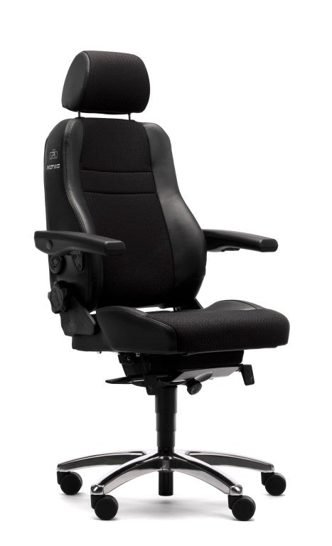 black rh secur 24 chair with black leather panels and armrests and headrest