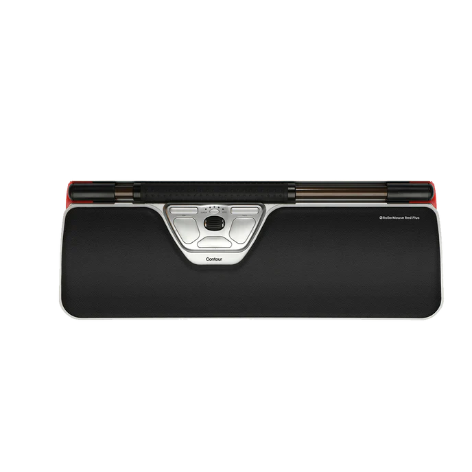 A Contour RollerMouse Red Plus with a black body and red accents, including a central wheel for scrollling and function buttons.