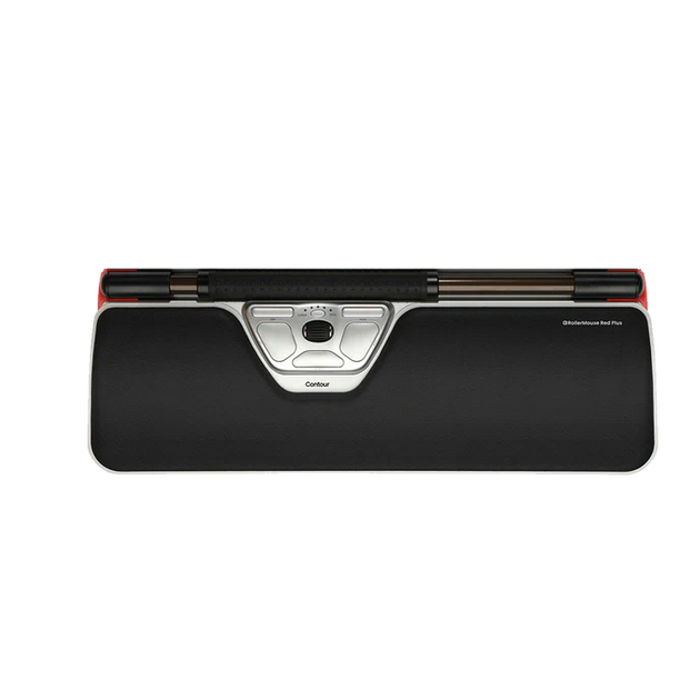 A Contour RollerMouse Red Plus with a black body and red accents, including a central wheel for scrollling and function buttons.