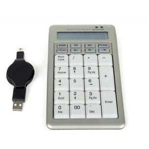 silver numeric keypad with light grey keys and retractable cable