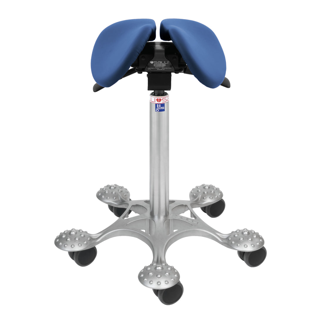 blue small multiadjuster saddle chair with silver 5 point base with bumps for massaging feet
