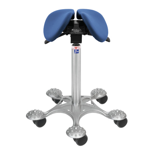 blue small multiadjuster saddle chair with silver 5 point base with bumps for massaging feet