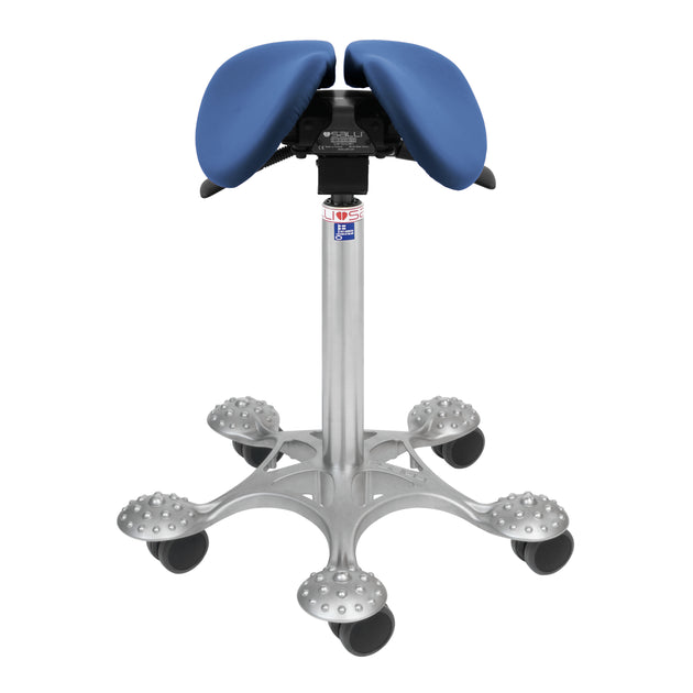 blue small multiadjuster saddle chair with silver 5 point base with bumps for massaging feet