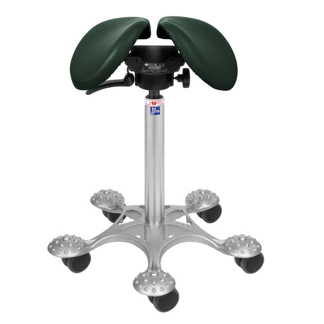 dark green salli swing stool with gap down middle for relieving genital pressure. Silver base with bumps for massaging feet