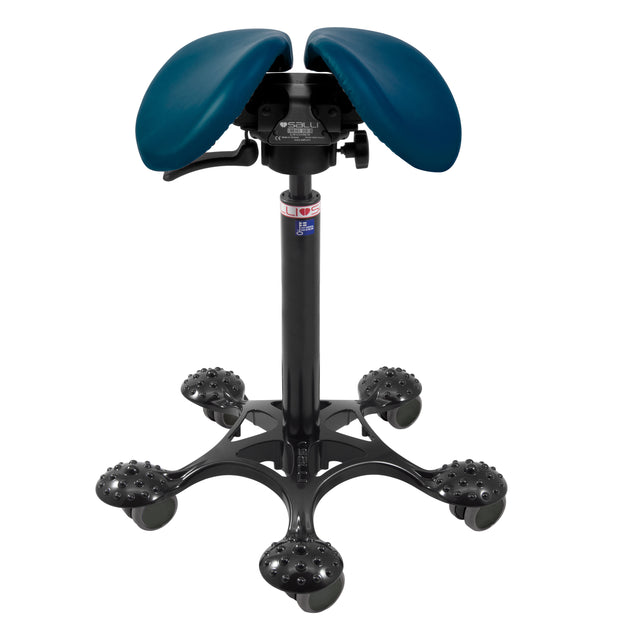 Blue salli swingfit saddle chair with split down the middle for relieving genital pressure. Black reflexology base for massaging feet