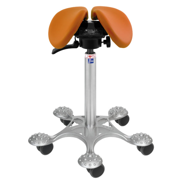 orange small swingfit saddle chair stool with silver reflexology base for massaging feet