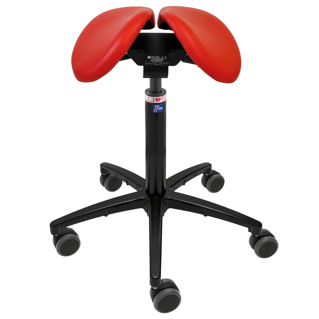 red saddle chair with gap down the middle of seat for relieving genital pressure. Black base and gas stem