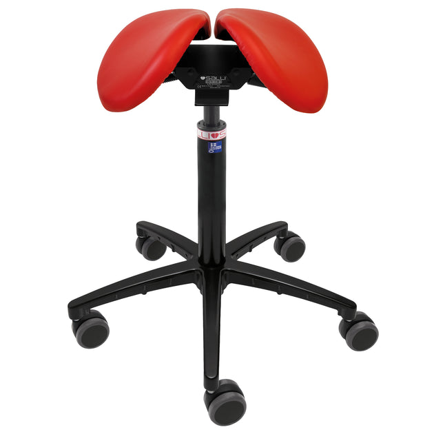 red saddle chair with gap down the middle of seat for relieving genital pressure. Black base and gas stem