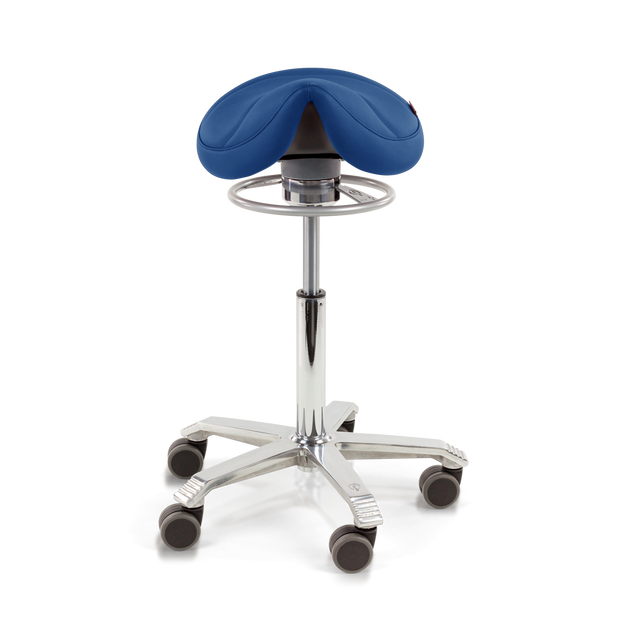 blue saddle chair with polished aluminium base