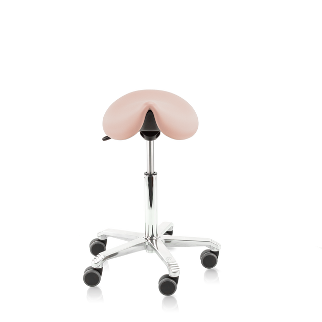 light pink seamless saddle stool with polished aluminium base