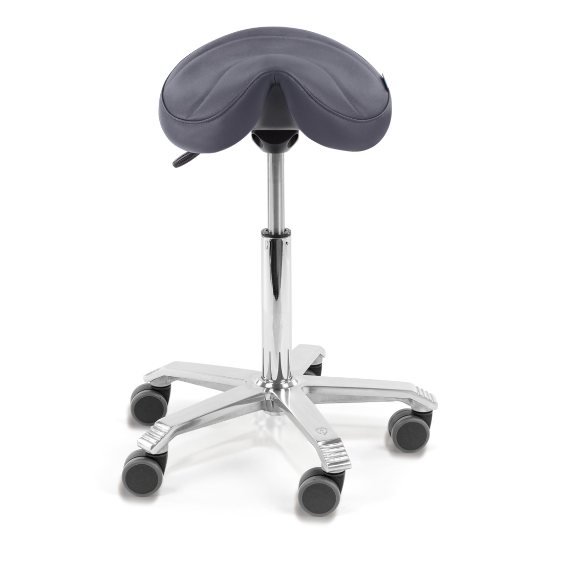blue saddle chair with polished aluminium base
