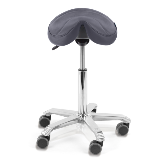 blue saddle chair with polished aluminium base