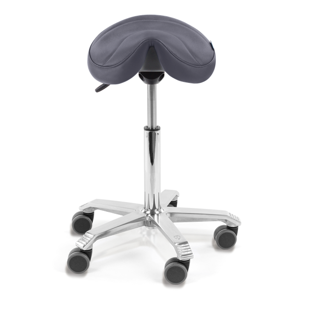 blue saddle chair with polished aluminium base