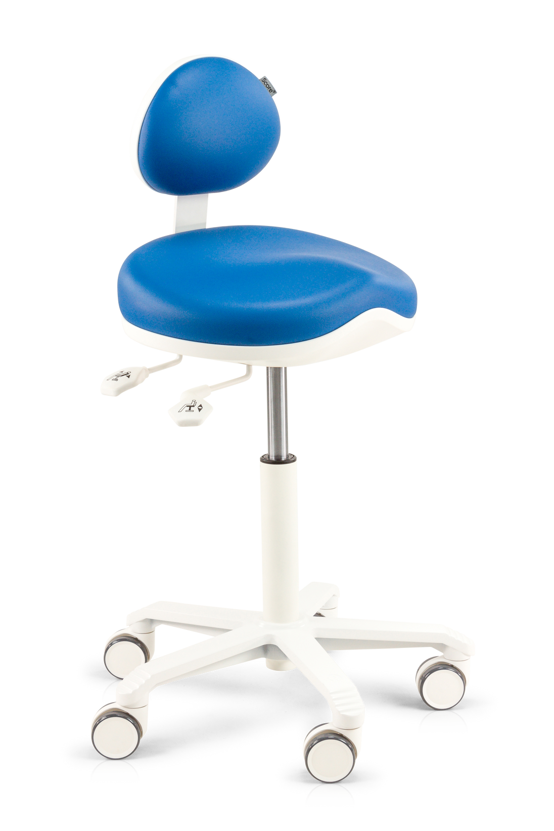 blue vinyl medical dental stool with backrest and white aluminium base