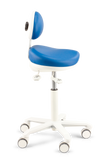blue vinyl medical chair, side profile with levers visible