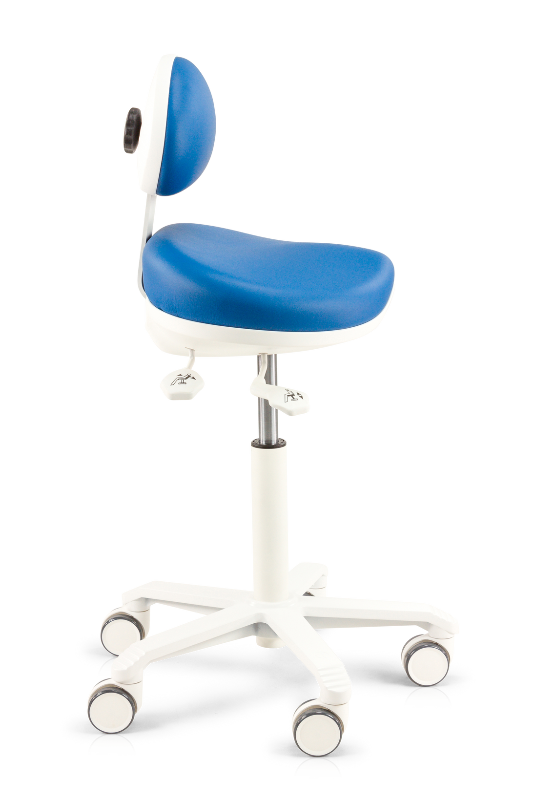 blue vinyl medical chair, side profile with levers visible