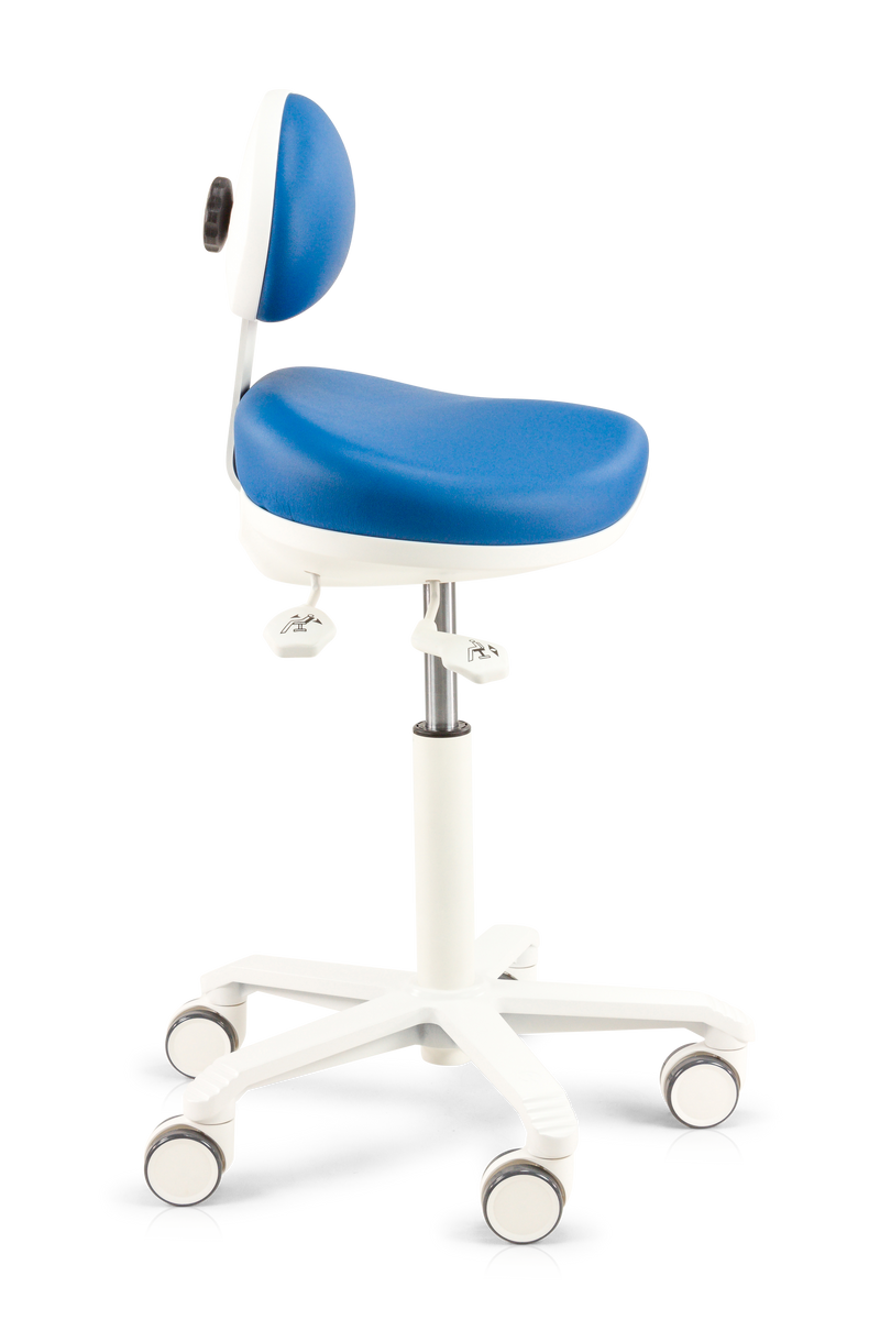 blue vinyl medical chair, side profile with levers visible