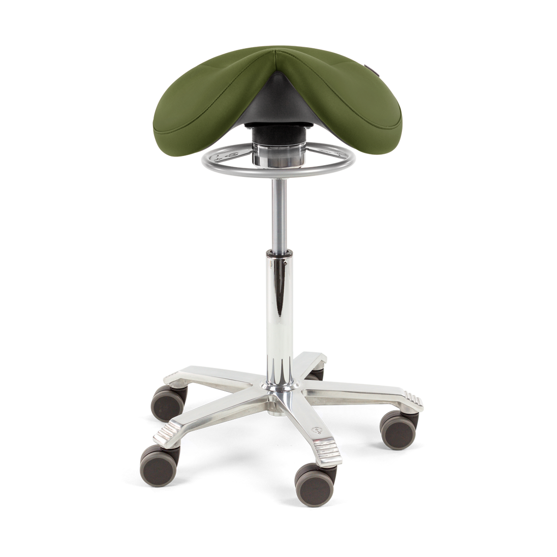 green saddle chair with polished aluminium base