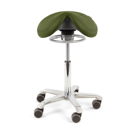 green saddle chair with polished aluminium base