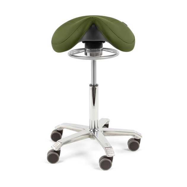 green saddle chair with polished aluminium base